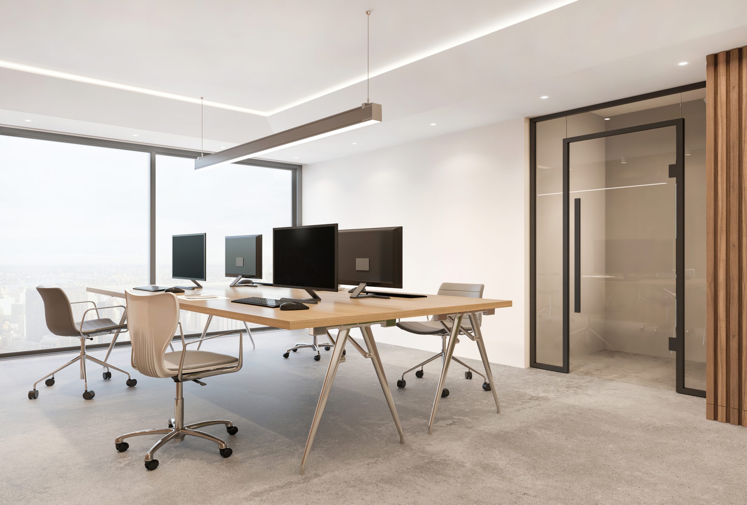 Small designer studio with large desk and desktop computers with blank monitors. large window with sunlight. render template