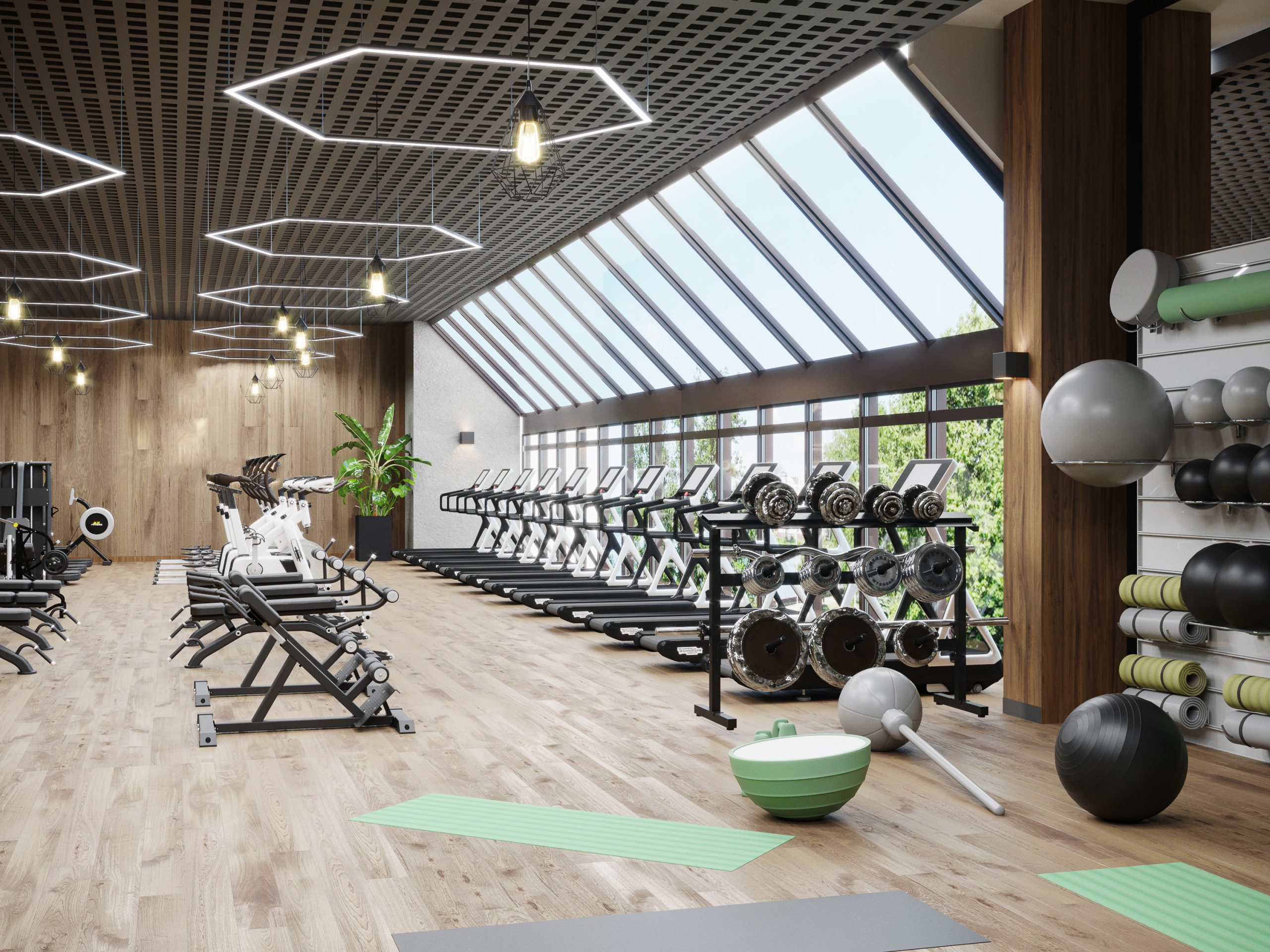 Modern gym interior with sport and fitness equipment, fitness center interior, interior  workout gym, 3d rendering